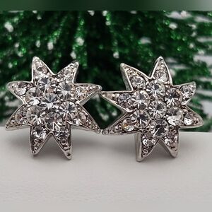 Silver-Tone Starburst Crystal Stud Earrings Celestial Sparkle NWOT Bridal